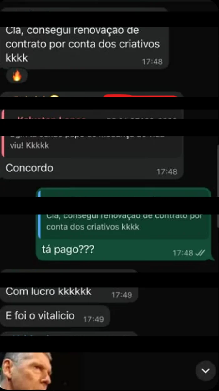Print de conversa: cliente comenta sobre renovação de contrato por causa dos criativos