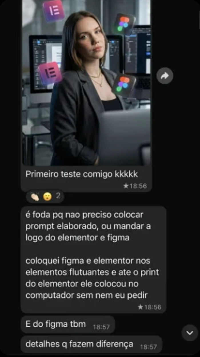Print de conversa: cliente elogia o nível de detalhe do criativo gerado